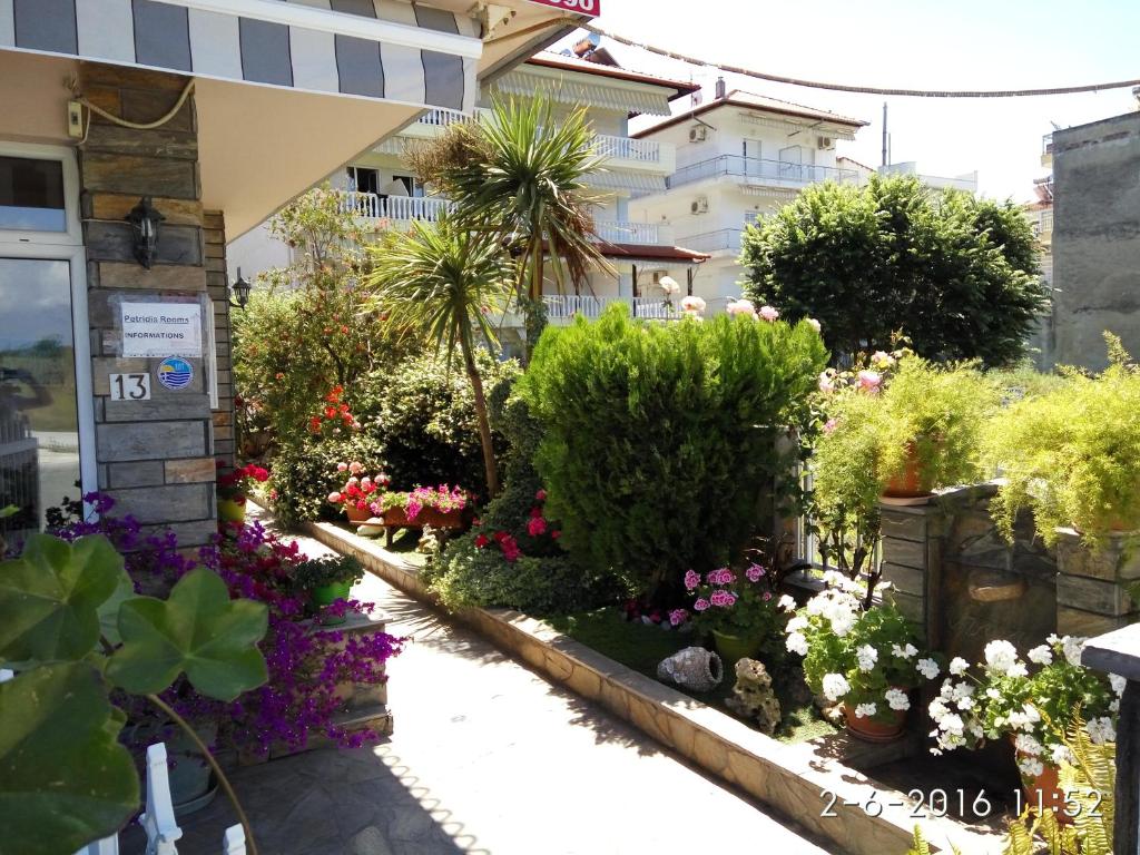 オリンピアキ・アクティにあるPetridis Hotelの花の咲く建物の前の庭