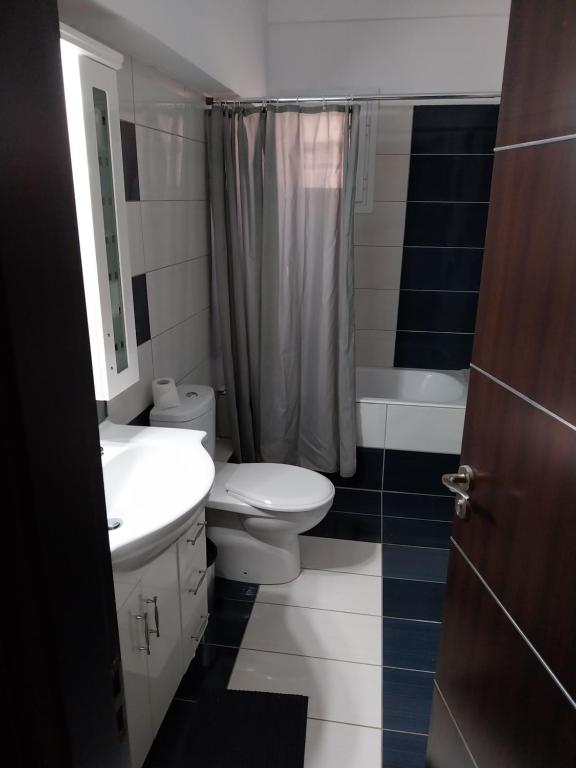 a bathroom with a sink and a toilet and a shower at Kalavrita Mood in Kalavrita