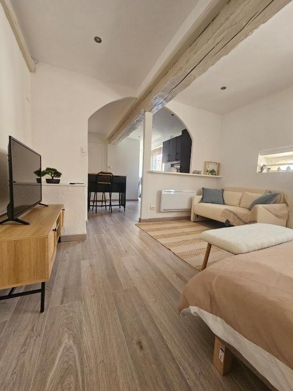 a living room with a bed and a couch at Mediterranean Studio in Saint-Cyprien