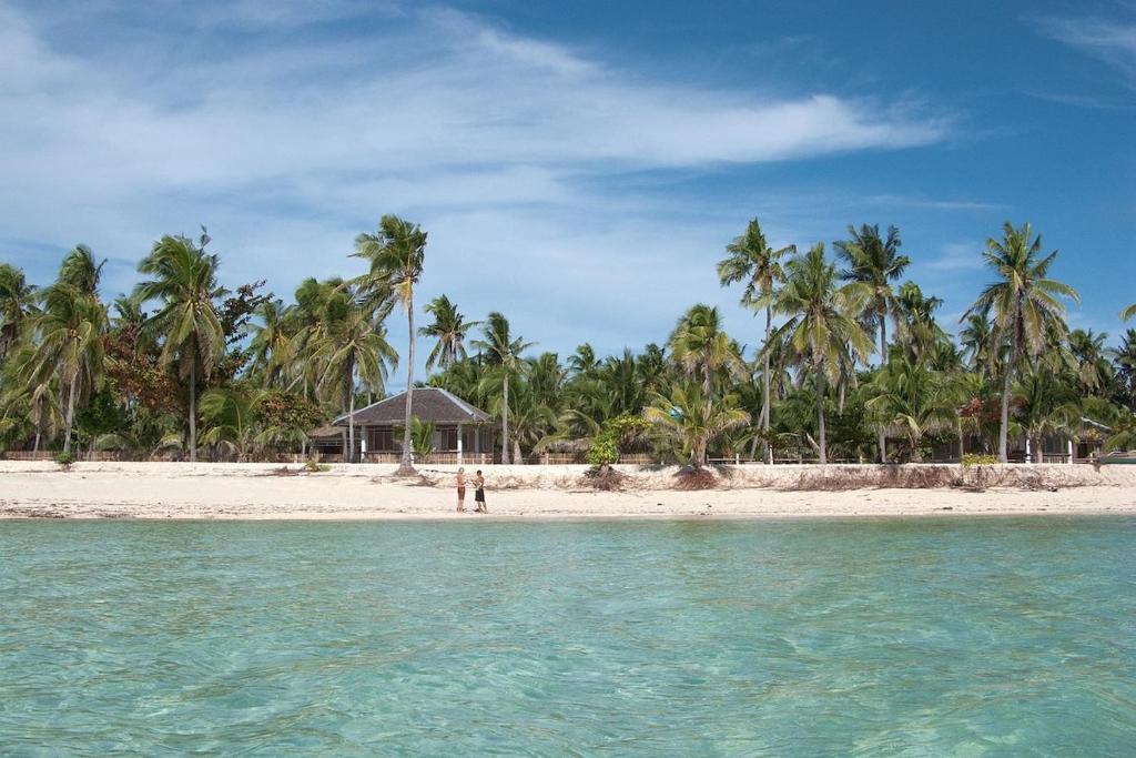 a person standing on a beach with palm trees at Malapasqua Island Cottage Holiday House in Daanbantayan