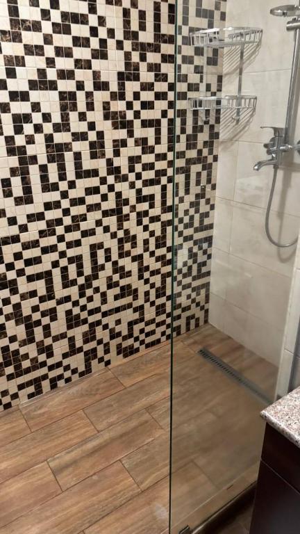 エレバンにあるCentral City Yerevan Apartmentsのガラスドア付きのシャワー付きのバスルーム
