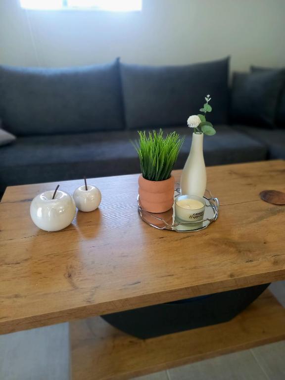 a coffee table with three candles and plants on it at Clio's house in Áyioi Dhéka
