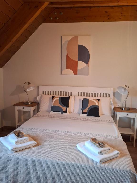 een slaapkamer met een bed met twee handdoeken erop bij Apartamento Bachimala in Huesca
