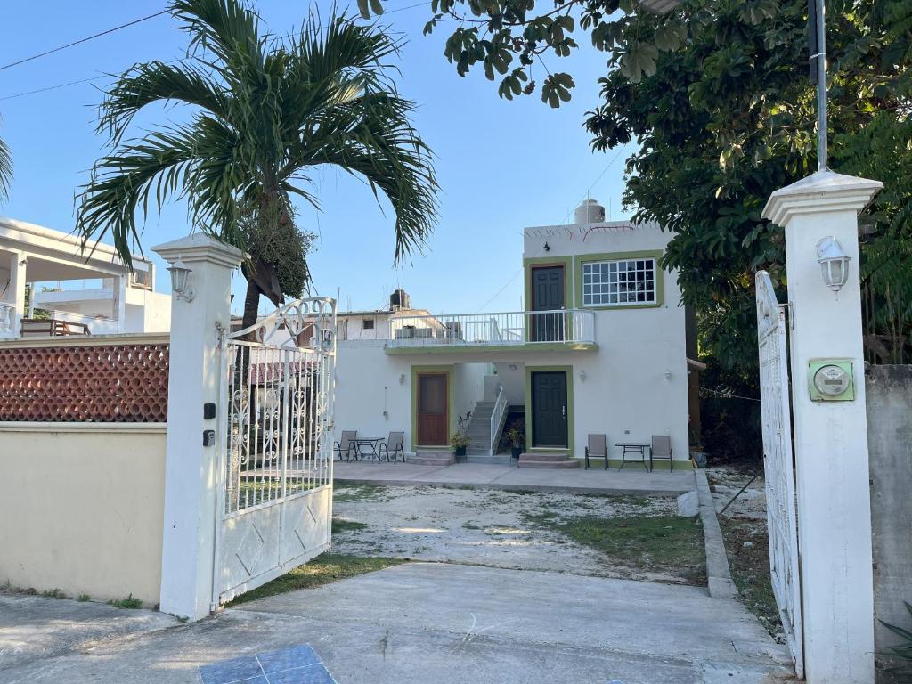 a white house with a gate and a palm tree at Casa Caribe in Bacalar