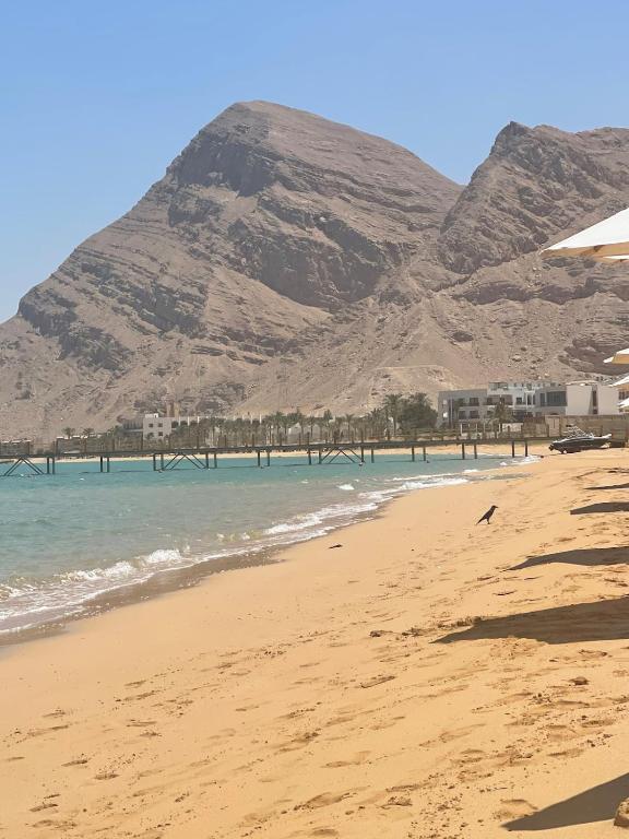 a beach with a pier and mountains in the background at Ground peaceful chalet 3 bedroom with 6 king bed & 2 bathrooms &private garden marvelous land escape Murano resort Ain sokhna in Ain Sokhna