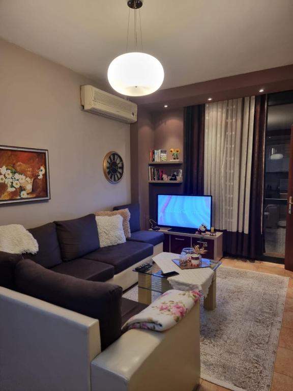 a living room with a couch and a tv at Center Luxury Apartment in Tirana