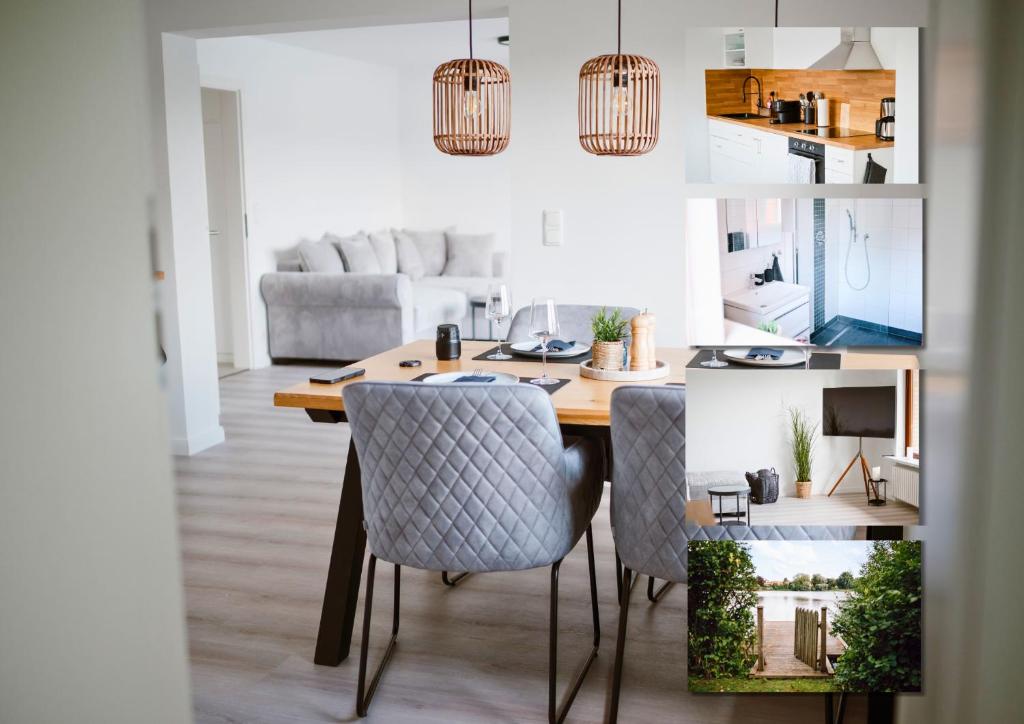 a dining room with a table and chairs at Panorama-Seeblick, Privater Steg, Balkon, Parkplatz in Plön
