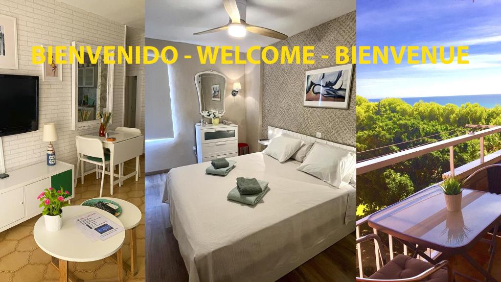 2 fotos de una habitación con cama y balcón en Agata, en Benalmádena