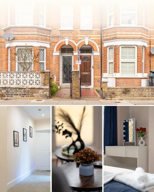 Hotel Quite & Cozy 2 Bedroom with Private Garden in Wimbledon - Minutes from Central London, three pictures of a brick house with a front door at Quite & Cozy 2 Bedroom with Private Garden in Wimbledon - Minutes from Central London in London