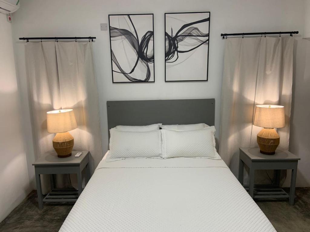 ein Schlafzimmer mit einem Bett mit zwei Lampen auf zwei Tischen in der Unterkunft Ocean view villa in Port Antonio