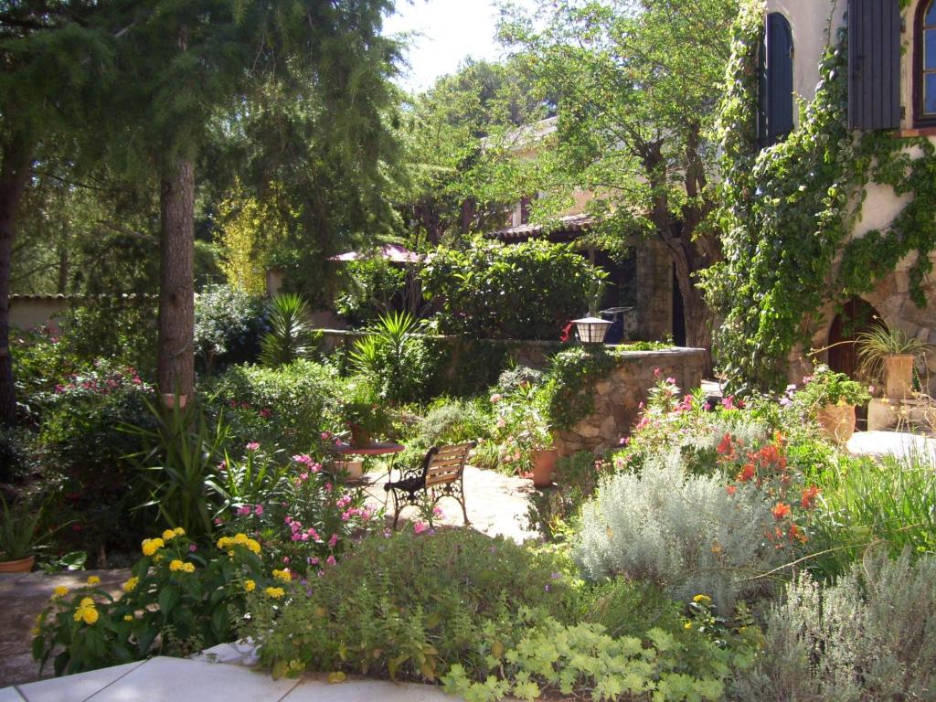 un jardin avec un banc au milieu des fleurs dans l'établissement Le Paradis de Valérie, à Sète