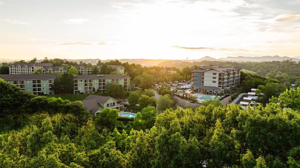 an aerial view of a city with buildings and trees at Hilton Vacation Club Mill Springs Lodge Pigeon Forge in Pigeon Forge