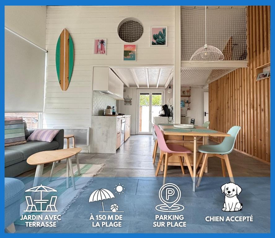 a kitchen and a living room with a table and chairs at Olivia Plage, charmante maison lumineuse au calme bien équipée à 100 m plage d Asnelles, 500 m commerces, proche Arromanches et Bayeux, au coeur des plages du débarquement, jardin clos, deux belles terrasses, parking dans propriété in La Celle-sous-Gouzon