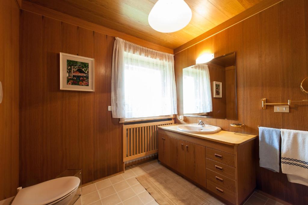 ラ・ヴァッレにあるCiasa Sainaのバスルーム(洗面台、トイレ付)、窓が備わります。