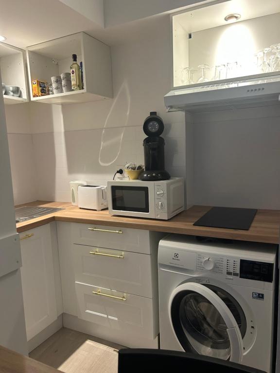 a kitchen with a washing machine and a microwave at La Ptite Terrasse Tournonaise in Tournon-sur-Rhône