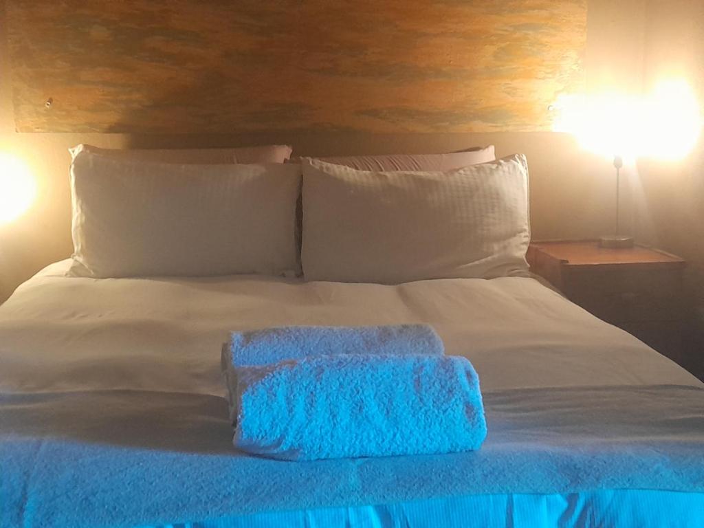 a bed with a blue object on top of it at 129B African Bushveld in Buffelspoort