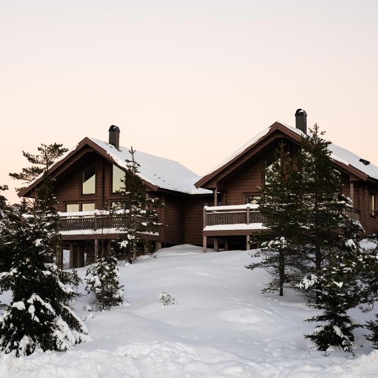 a house with snow in front of it at Hovfjällstoppens Stugby in Överbyn