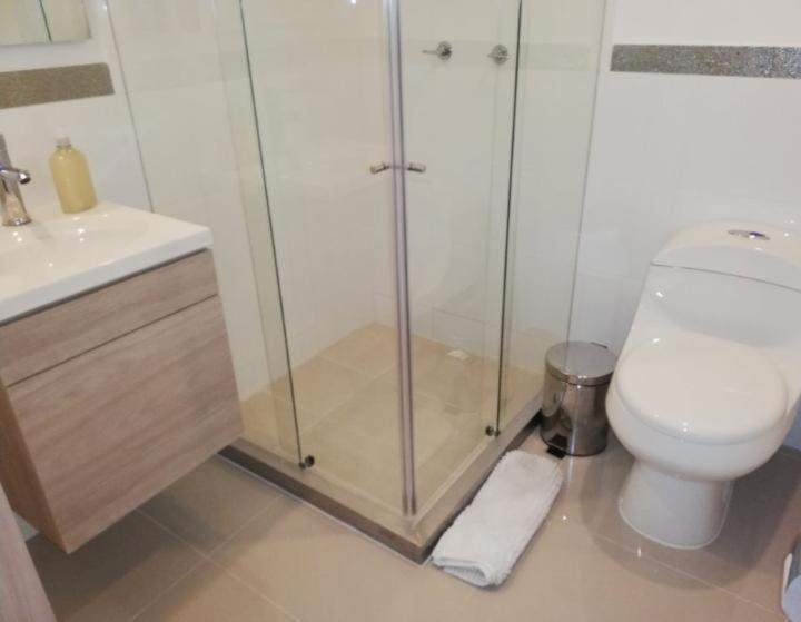 un bagno con doccia, WC e lavandino di APARTAMENTO EN ATLANTIS VISTA UNICA PISCINA JACUZZIi ad Armenia