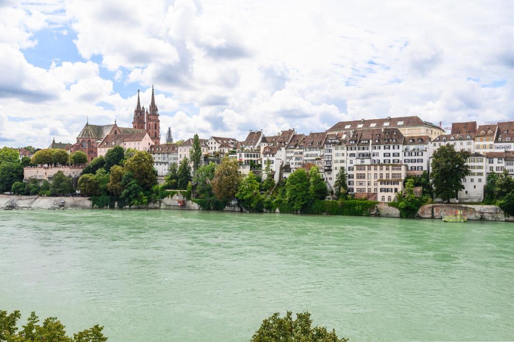 une rivière en face d'une ville avec des bâtiments dans l'établissement Casa Rheinblick - Apartment D, à Bâle