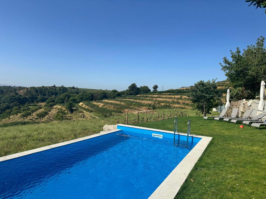 a large blue swimming pool in a field of grass at Quinta de Águas Mortas in Gestaco