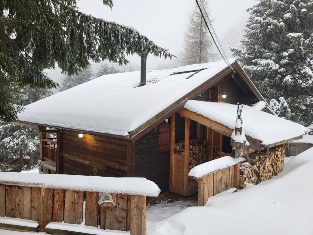 een blokhut met sneeuw op het dak bij Chalet Chamois & Spa in Lullin