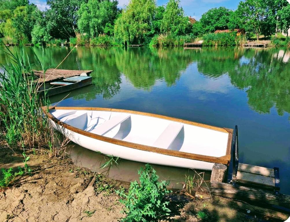 a white boat sitting on the side of a lake at Linetta Vendégház in Gyomaendrőd