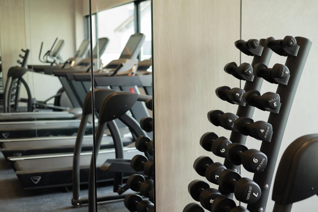 A compact gym contains treadmills, cardio equipment, and a dumbbell rack.