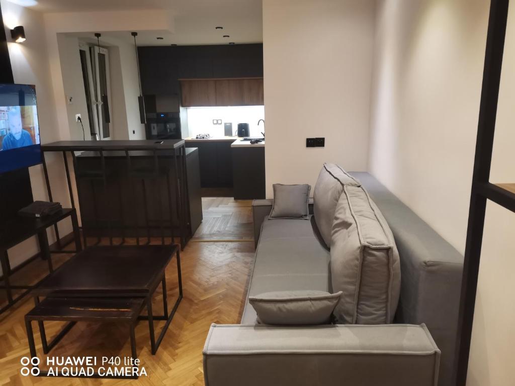 a living room with a couch and a table at Super studio w centrum miasta Hoza 9a in Otwock