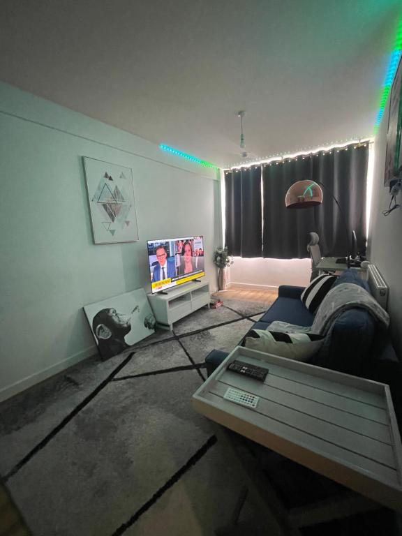 a living room with a couch and a tv at Central southsea Apartment in Portsmouth