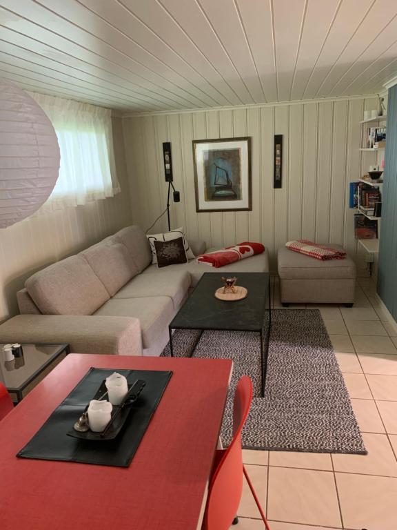 a living room with a couch and a table at Sentrumsnær kjellerleilighet, nær sykehus og høgskole, parkering in Haugesund
