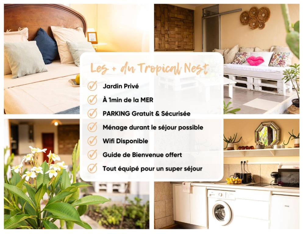 Kuchyň nebo kuchyňský kout v ubytování Le Tropical Nest - Idéal Couple & Famille - Jardin Privé - MER - Parking Privé - Quartier Calme - Clim - Wifi HD - 5min Plages - Linge de maison fourni gratuit