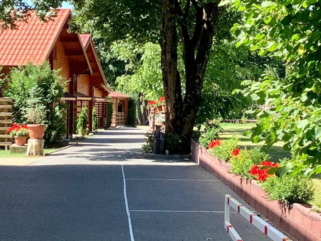 a street with a tree and flowers in a park at Blockhäuser Harzblick in Hohegeiß