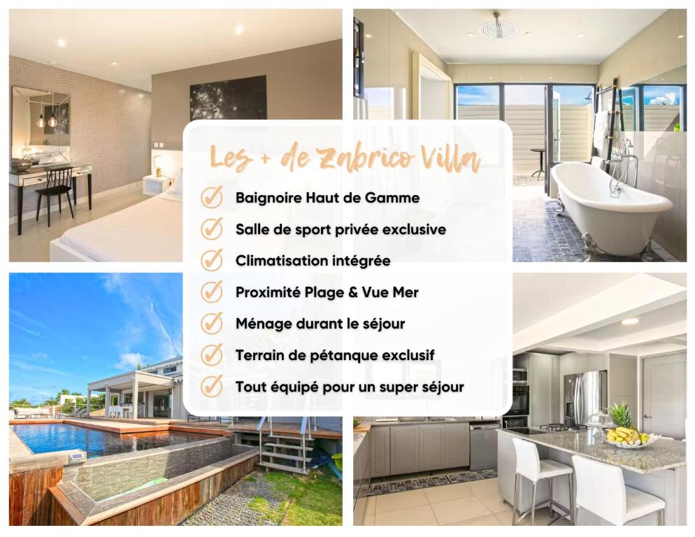 a collage of pictures of a house at Villa Zabrico - Villa de Prestige - Vue Mer & Lagon 180 - Idéal Groupe x14 - Vacances & Team Building - Salle de Sport - Piscine Privée - Climatisation - Jardin - Terrasse - Barbecue - Pétanque - 10min Plages - Service PREMIUM in Cul de Sac