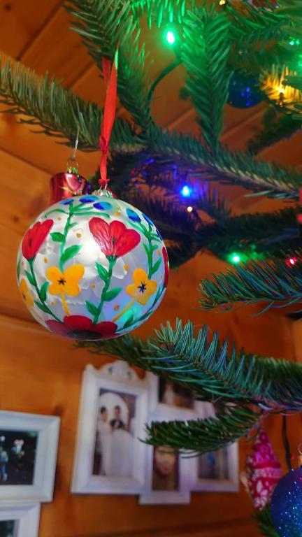 a christmas ornament hanging from a christmas tree at Agroturystyka Dzika Łąka apartament in Słonów