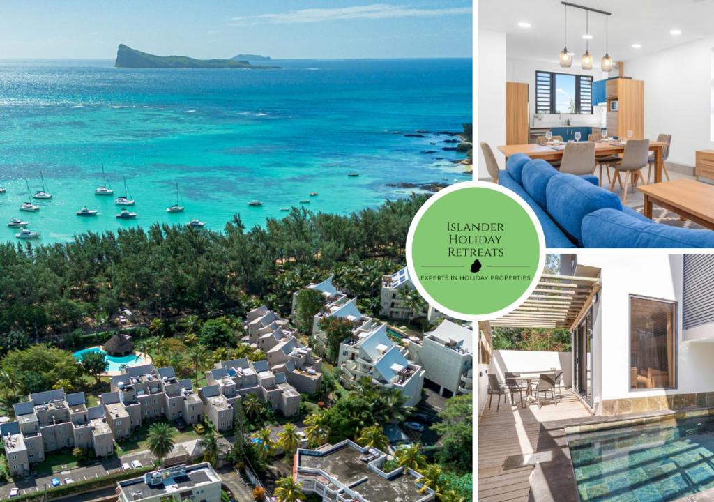 un collage de fotos de casas y del océano en Serenity Suites 3 - Appartement 2 Chambres Luxueux Toit-Terrasse, en Cap Malheureux