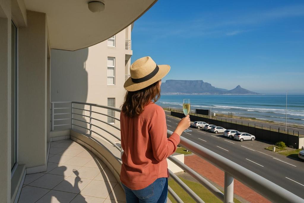 a woman standing on a balcony with a glass of wine at The Bay Oceanfront 2 Bedroom Stay with Pool in Bloubergstrand