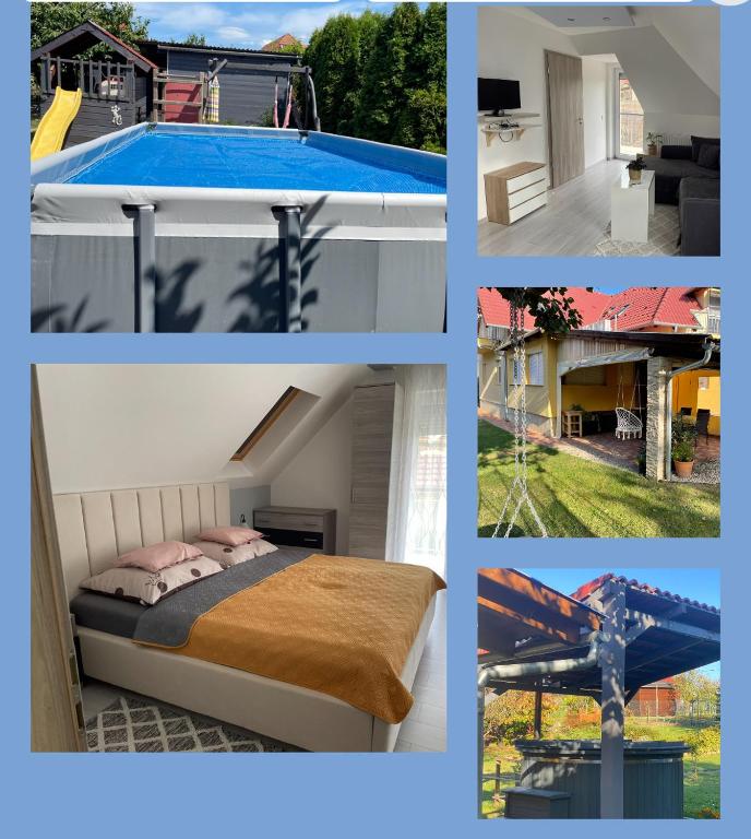 a collage of pictures of a house with a swimming pool at Jasmin Apartment House in Vonyarcvashegy