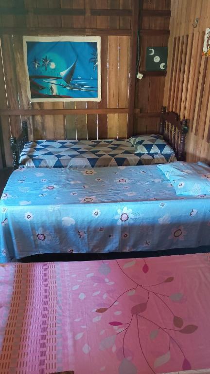 a bedroom with a bed with blue sheets and a painting at Hostel Dona Helô in Maracanã