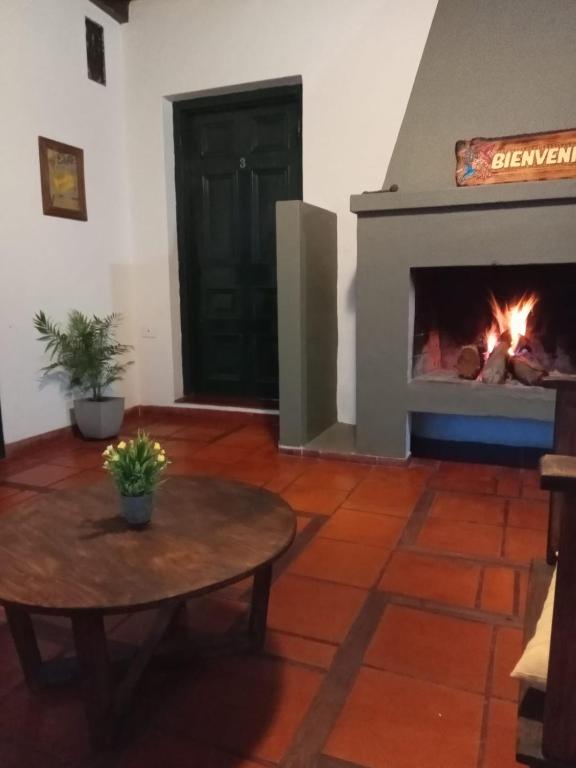 a living room with a fireplace and a table at Hostel el Rincón in San Antonio de Areco