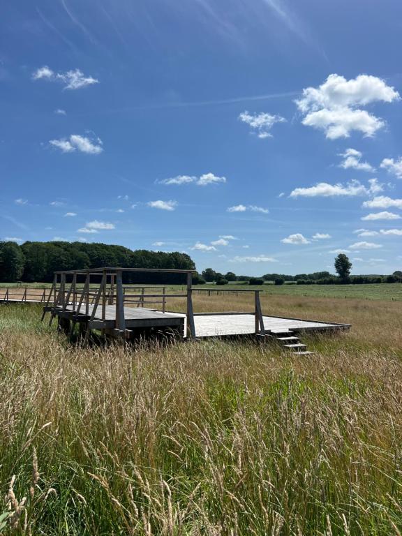 a bench sitting in the middle of a field at Hotel Katerberg - Room and Kitchen in Ahlefeld