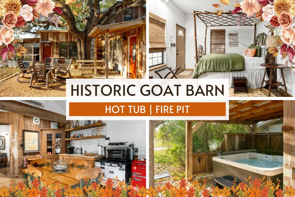 un collage de fotos de una bañera de hidromasaje y una casa en Pet Friendly! Hot Tub, 2mins from Main, Fire Pit, en Fredericksburg