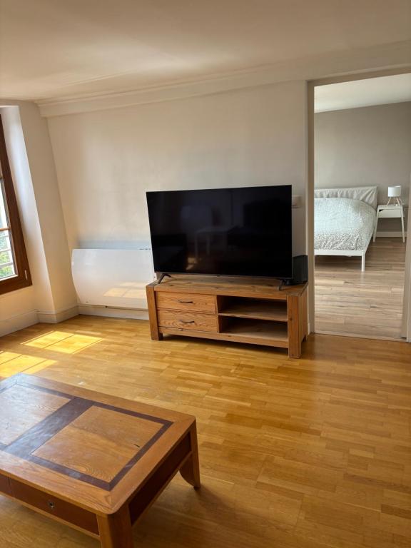 a living room with a flat screen tv on a wooden entertainment center at Appart 15min Paris Versailles 20min Orly in Bièvres