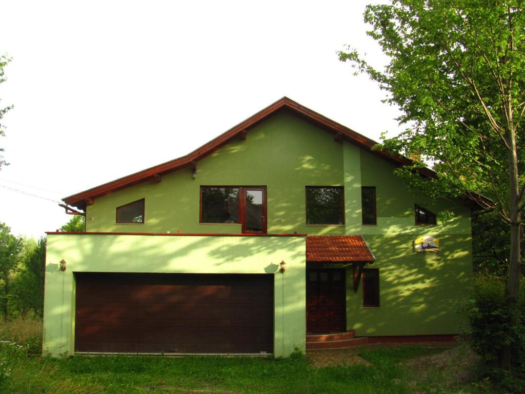 a green house with a large garage at Casa Roatis in Şişeşti