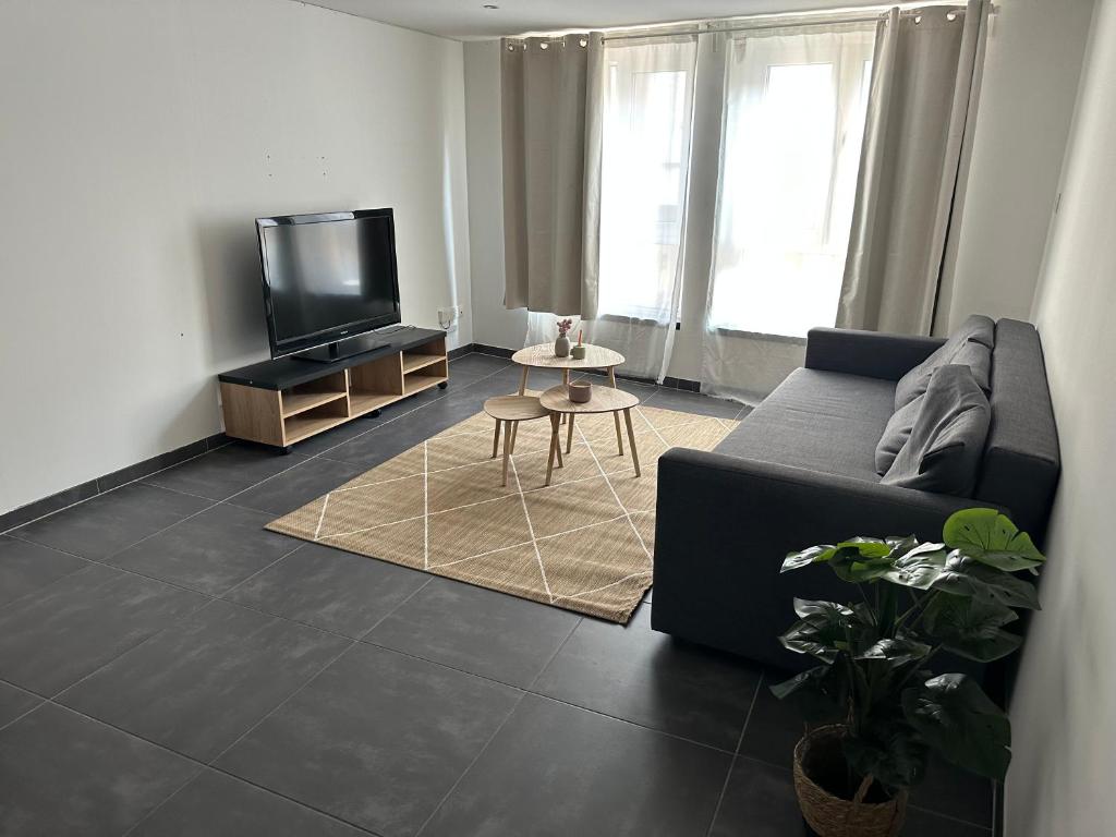 a living room with a couch and a tv at Bel appartement lumineux in Saint-Avold