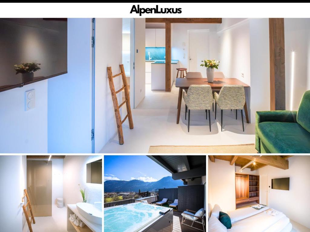 a collage of photos of a living room and dining room at PENTHOUSE N`3 - Stylish Apartment with Rooftop Whirlpool Access in Tyrol, presented by AlpenLuxus in Kramsach