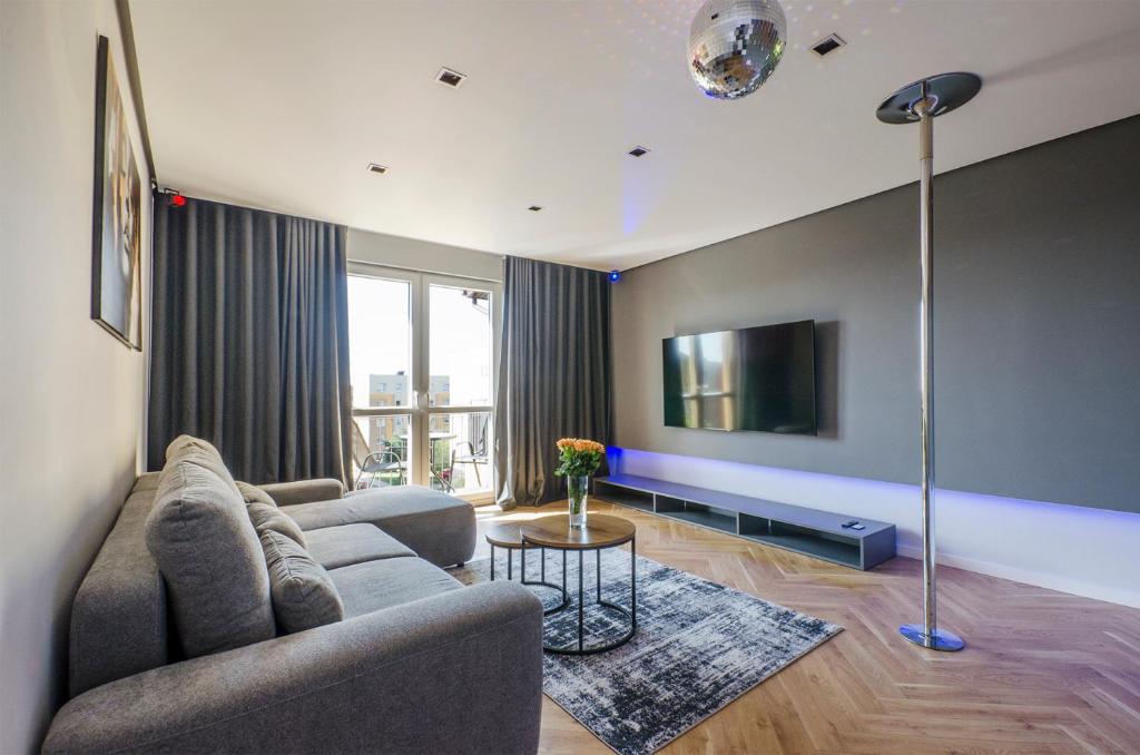 a living room with a couch and a tv at Premium Apartament Boya 44 in Zgierz