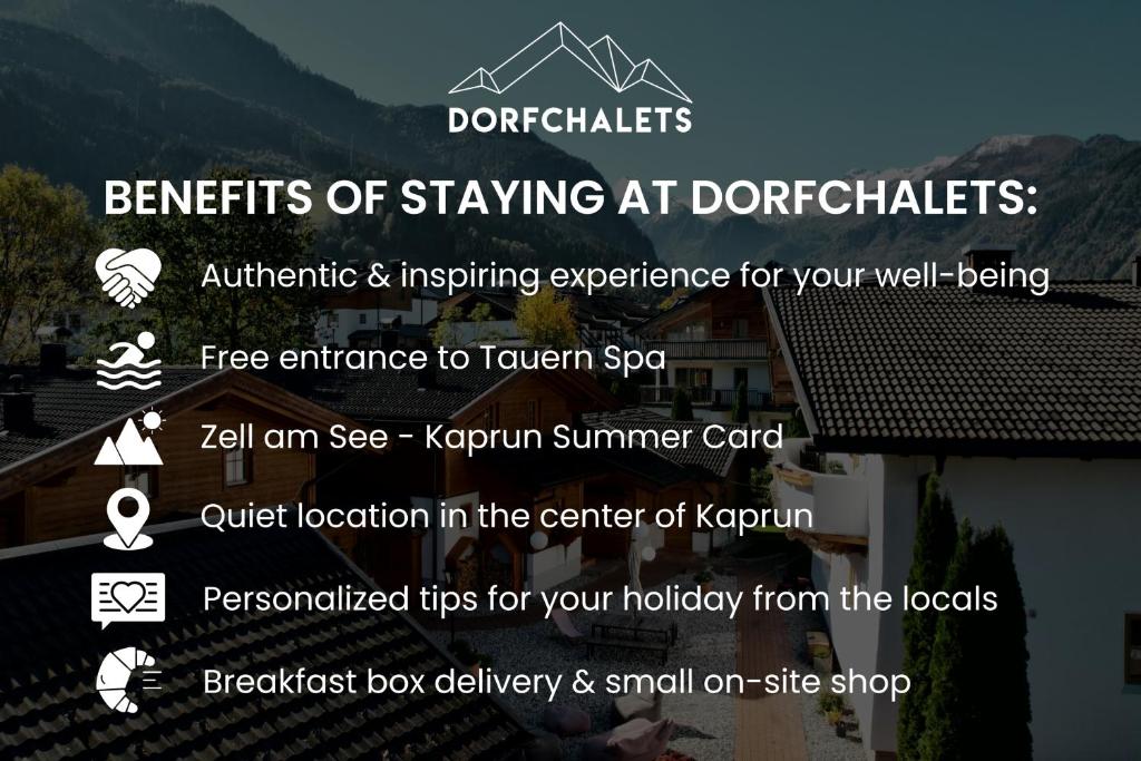 une capture d'écran d'un flyer pour un hôtel dans l'établissement Dorfchalets - Chalet Dora inkl Tauern Spa Eintritt & Sommerkarte, à Kaprun