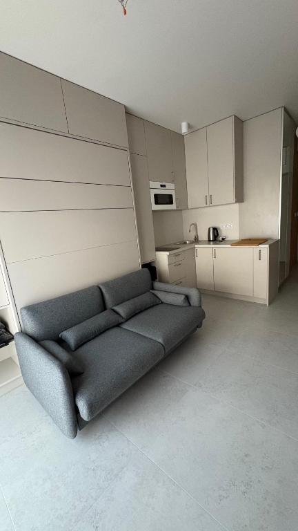 a living room with a couch in a kitchen at Sandy Apartment Dzwinów 3 Sand and Dunes Sauna Grota Solna Siłownia in Dziwnów