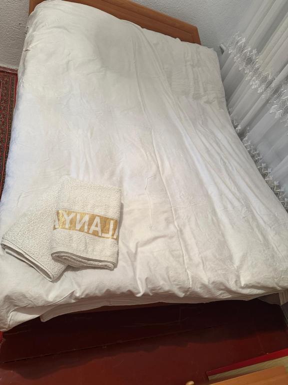 Una cama con sábanas blancas y una toalla. en Aport 24, en Karakol