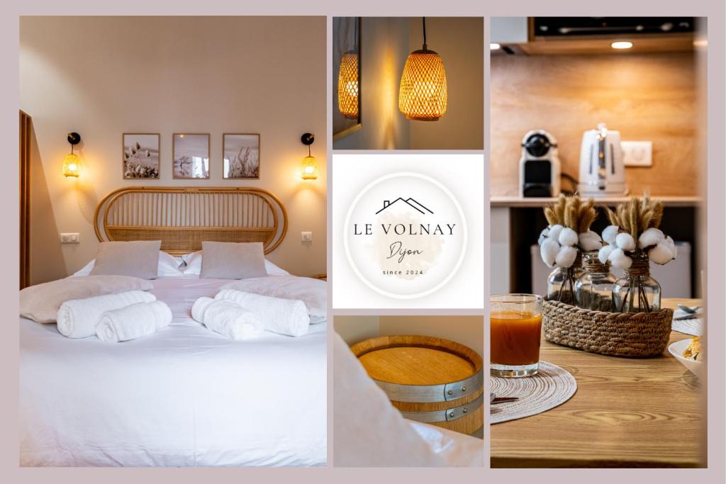 un collage de photos d'une chambre avec un lit dans l'établissement Le Volnay, à Dijon